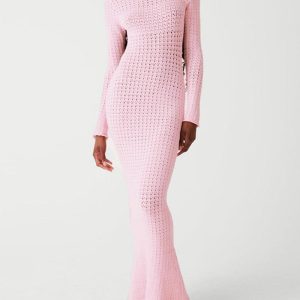 Open Back Mesh Crochet Long-Sleeved Maxi Dress in Soft Pink - Y2K Aesthetic Fashion