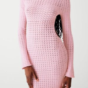 Open Back Mesh Crochet Long-Sleeved Maxi Dress in Soft Pink - Y2K Aesthetic Fashion