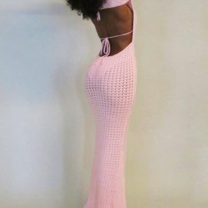 Open Back Mesh Crochet Long-Sleeved Maxi Dress in Soft Pink - Y2K Aesthetic Fashion