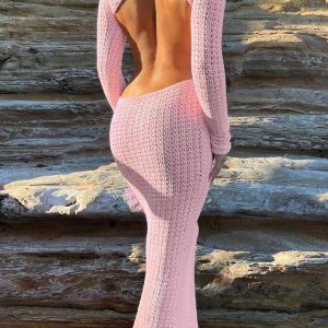 Open Back Mesh Crochet Long-Sleeved Maxi Dress in Soft Pink - Y2K Aesthetic Fashion