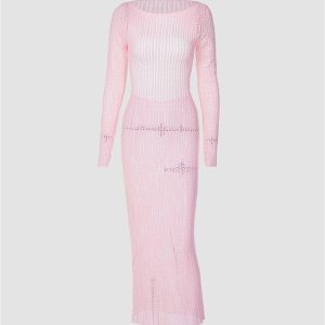 Open Back Mesh Crochet Long-Sleeved Maxi Dress in Soft Pink - Y2K Aesthetic Fashion