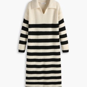 Open Collar Striped Long Sleeve Midi Sweater Dress - Y2K Aesthetic Fashion Essential