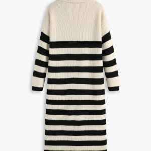 Open Collar Striped Long Sleeve Midi Sweater Dress - Y2K Aesthetic Fashion Essential