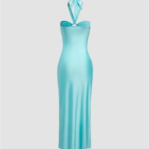 Ophiuchus Halter Slit Dress - Y2K Aesthetic Fashion with Chic Coquette Style