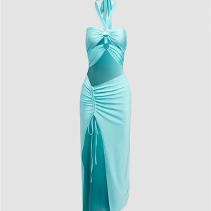 Ophiuchus Halter Slit Dress - Y2K Aesthetic Fashion with Chic Coquette Style