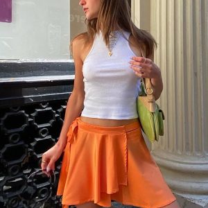 Orange Lace-Up Mini Skirt for Women - Y2K Casual Fashion with Bandage Folds & Streetwear Style