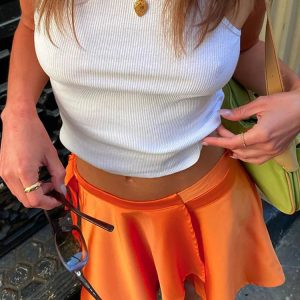 Orange Lace-Up Mini Skirt for Women - Y2K Casual Fashion with Bandage Folds & Streetwear Style