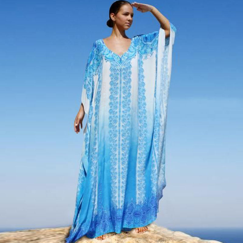 Oversized Blue Kaftan Beach Cover-Up Tunic for Women - Y2K Aesthetic Cotton Sarong 2024