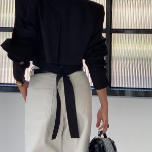 Oversized Cropped Shirt with Cutout Back and Tie Button - Y2K Aesthetic Top