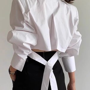 Oversized Cropped Shirt with Cutout Back and Tie Button - Y2K Aesthetic Top