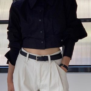 Oversized Cropped Shirt with Cutout Back and Tie Button - Y2K Aesthetic Top