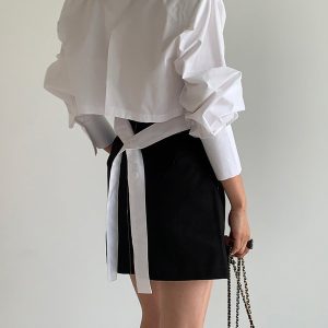 Oversized Cropped Shirt with Cutout Back and Tie Button - Y2K Aesthetic Top