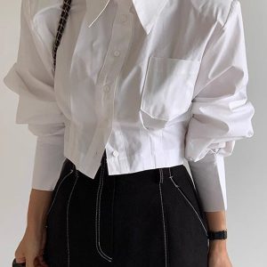 Oversized Cropped Shirt with Cutout Back and Tie Button - Y2K Aesthetic Top