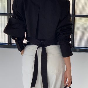 Oversized Cropped Shirt with Cutout Back and Tie Button - Y2K Aesthetic Top