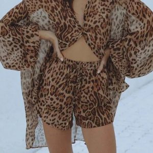 Oymimi Fashion Brown Leopard Print 2-Piece Set: Elegant Puff Sleeve Shirt & Drawstring Shorts