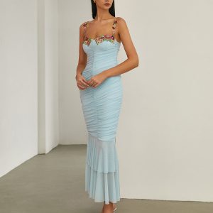 Paradise Flower Trim Pleated Mermaid Dress - Y2K Aesthetic Long Dress for Effortless Style