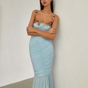 Paradise Flower Trim Pleated Mermaid Dress - Y2K Aesthetic Long Dress for Effortless Style