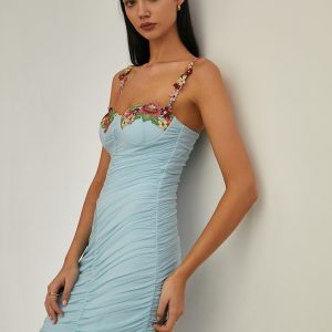 Paradise Flower Trim Pleated Mermaid Dress - Y2K Aesthetic Long Dress for Effortless Style