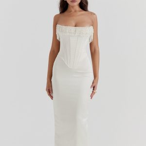 Pearl Decor Strapless Midi Dress - Elegant Y2K Aesthetic for Chic Occasions