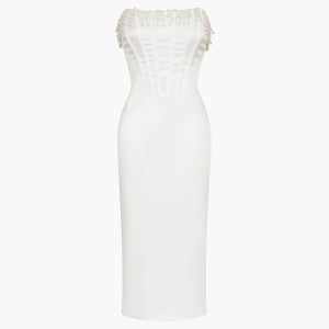 Pearl Decor Strapless Midi Dress - Elegant Y2K Aesthetic for Chic Occasions