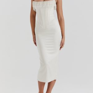 Pearl Decor Strapless Midi Dress - Elegant Y2K Aesthetic for Chic Occasions