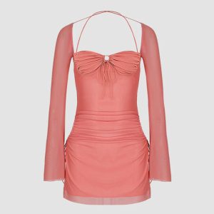 Pearly Blush Y2K Halter Bodycon Dress - Cute Coquette Aesthetic for Trendy Outfits