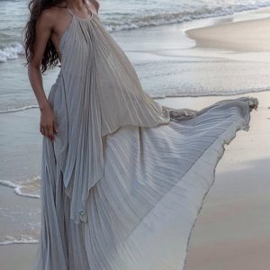 Photography Y2K Aesthetic Halter Pleated Beach Dress with Open Back & Swing Design