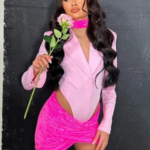 Pink Long Sleeve Shoulder Pads Bodysuit - Sexy Backless Blazer Top for Y2K Fashion 2023