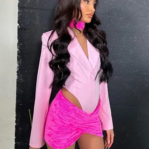 Pink Long Sleeve Shoulder Pads Bodysuit - Sexy Backless Blazer Top for Y2K Fashion 2023