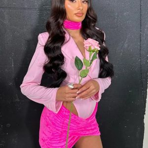 Pink Long Sleeve Shoulder Pads Bodysuit - Sexy Backless Blazer Top for Y2K Fashion 2023