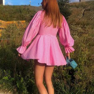 Pink Plaid A-Line Babydoll Dress for Y2K Fashion Lovers - Cute Coquette Aesthetic Style