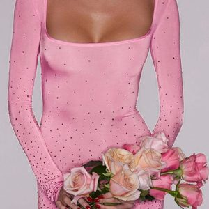 Pink Rhinestone U Neck Mini Dress - Y2K Aesthetic Sparkle for Cute Night Outfits