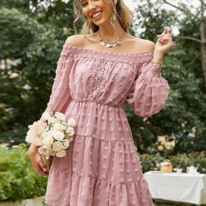 Pink Ruffle Off-Shoulder Embroidered Mini Dress with Long Sleeves - Summer Office Aesthetic