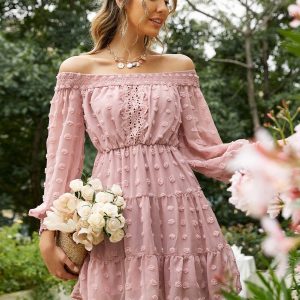 Pink Ruffle Off-Shoulder Embroidered Mini Dress with Long Sleeves - Summer Office Aesthetic