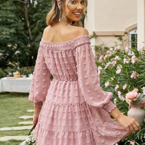 Pink Ruffle Off-Shoulder Embroidered Mini Dress with Long Sleeves - Summer Office Aesthetic