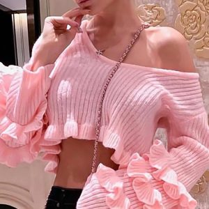 Pink Ruffled Knitted Y2K Sweater - Summer O-Neck Long Sleeve Slim Fit Pullover for High Street Style