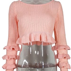 Pink Ruffled Knitted Y2K Sweater - Summer O-Neck Long Sleeve Slim Fit Pullover for High Street Style