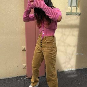 Pink Y2K Knitted Cardigan - Single Breasted Long Sleeve Sweater for High Street Style