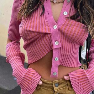 Pink Y2K Knitted Cardigan - Single Breasted Long Sleeve Sweater for High Street Style