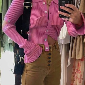 Pink Y2K Knitted Cardigan - Single Breasted Long Sleeve Sweater for High Street Style