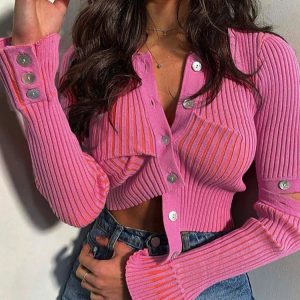 Pink Y2K Knitted Cardigan - Single Breasted Long Sleeve Sweater for High Street Style