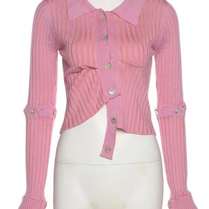 Pink Y2K Knitted Cardigan - Single Breasted Long Sleeve Sweater for High Street Style