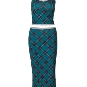 Plaid Pattern Spaghetti Strap Top & Midi Dress Set - Y2K Streetwear for Parties & Clubs