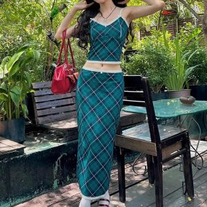 Plaid Pattern Spaghetti Strap Top & Midi Dress Set - Y2K Streetwear for Parties & Clubs