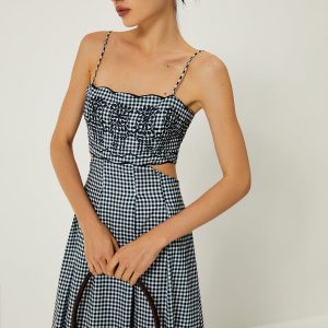 Plaid Print Cutout Cami Dress with Embroidery - Y2K Aesthetic Fashion Statement