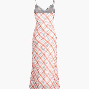 Plaid Print Lace Trim Maxi Dress - Y2K Aesthetic Fashion for Effortless Style