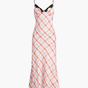 Plaid Print Lace Trim Maxi Dress - Y2K Aesthetic Fashion for Effortless Style