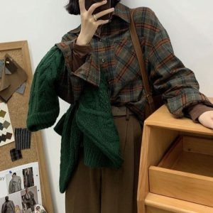 Plaid Print Oversized Long Sleeve Blouse - Y2K Aesthetic Cute Top for Effortless Style