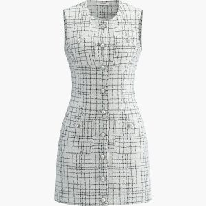 Plaid Print Pearl Button Sleeveless Dress - Y2K Aesthetic Cute Summer Outfit