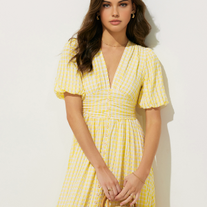 Plaid Puff Sleeve V-Neck Midi Dress - Y2K Aesthetic Fashion for Chic Outfits